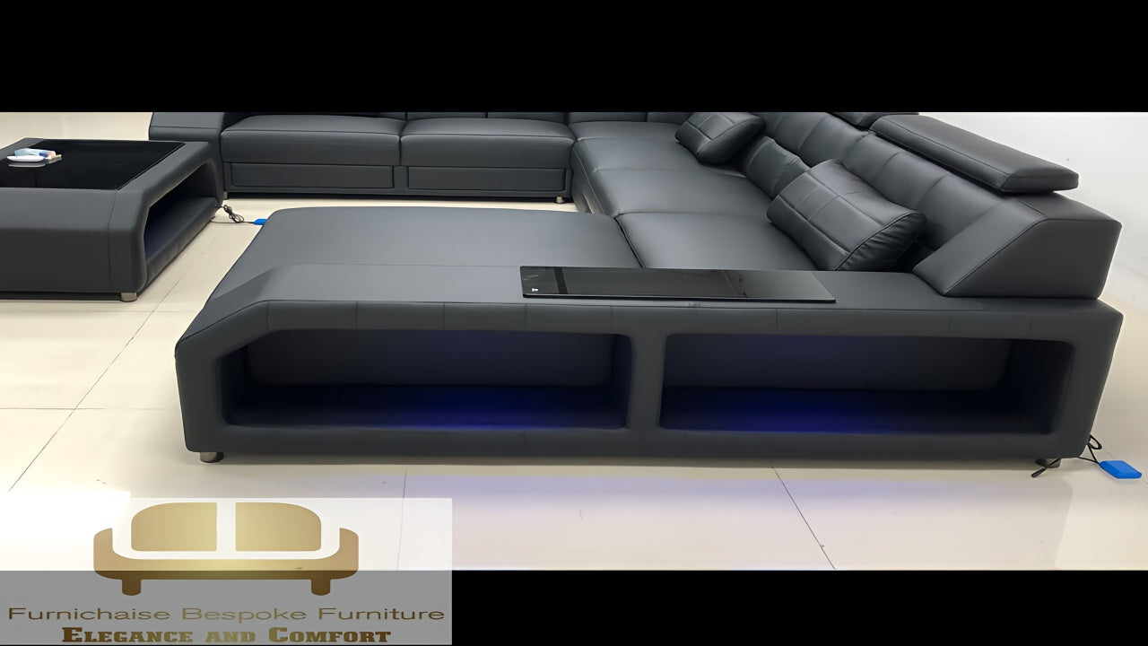 REAL LEATHER U SHAPED ASOMDWEE-LUXEHAVEN - LEFT CHAISE ALL BLACK SECTIONAL SOFA - MODEL FB3359F AND WITH FREE MATCHING COFFEE TABLE