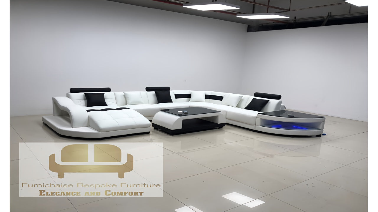 REAL LEATHER U SHAPED SANKOFA_ALTO ESTATE - RIGHT CHAISE WHITE (MAIN) WITH BLACK SECTIONAL SOFA - MODEL FB2217F AND WITH FREE MATCHING COFFEE TABLE AS SEEN IN ADVERTED PICTURE
