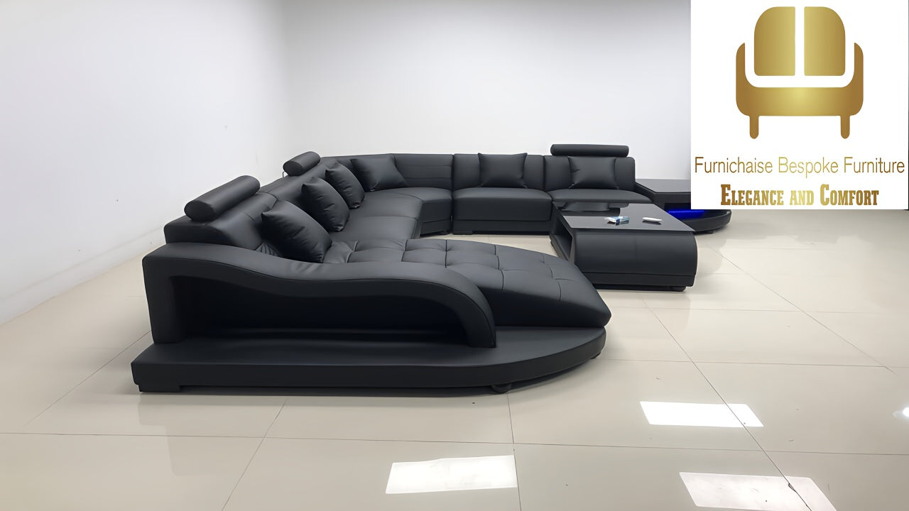 REAL LEATHER U SHAPED SANKOFA_ALTO ESTATE - RIGHT CHAISE ALL BLACK SECTIONAL SOFA - MODEL FB2217F AND WITH FREE MATCHING COFFEE TABLE AS SEEN IN ADVERTISED PICTURE