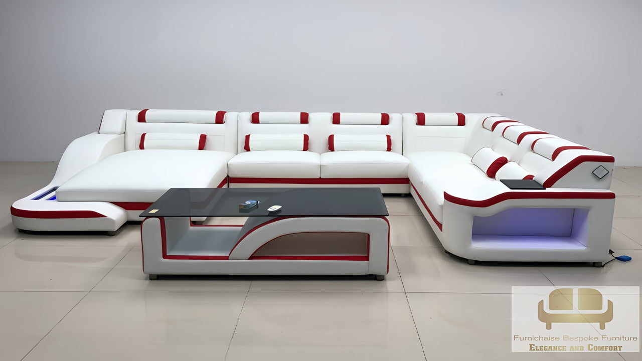 REAL LEATHER U SHAPED NEEF3_EMBER&ASH - RIGHT CHAISE WHITE (MAIN) WITH RED SECTIONAL SOFA - MODEL FB2226F AND WITH FREE MATCHING COFFEE TABLE AS SEEN IN ADVERTED PICTURE