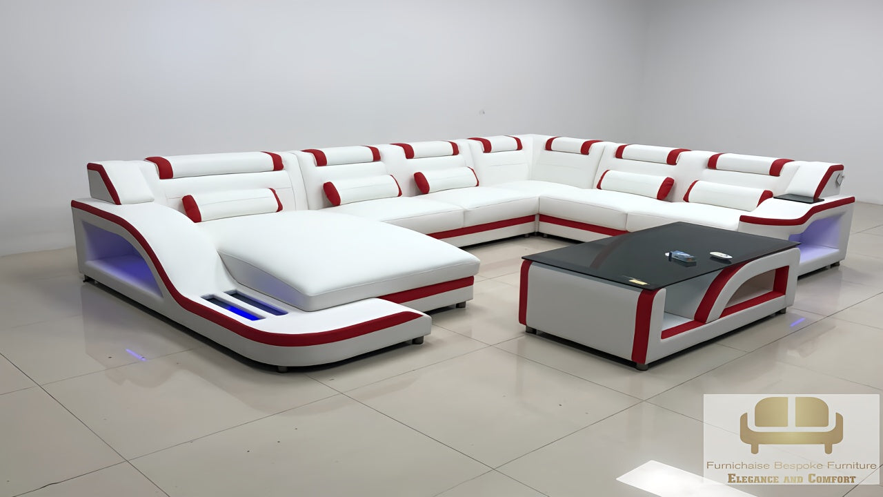 REAL LEATHER U SHAPED NEEF3_EMBER&ASH - RIGHT CHAISE WHITE (MAIN) WITH RED SECTIONAL SOFA - MODEL FB2226F AND WITH FREE MATCHING COFFEE TABLE AS SEEN IN ADVERTED PICTURE