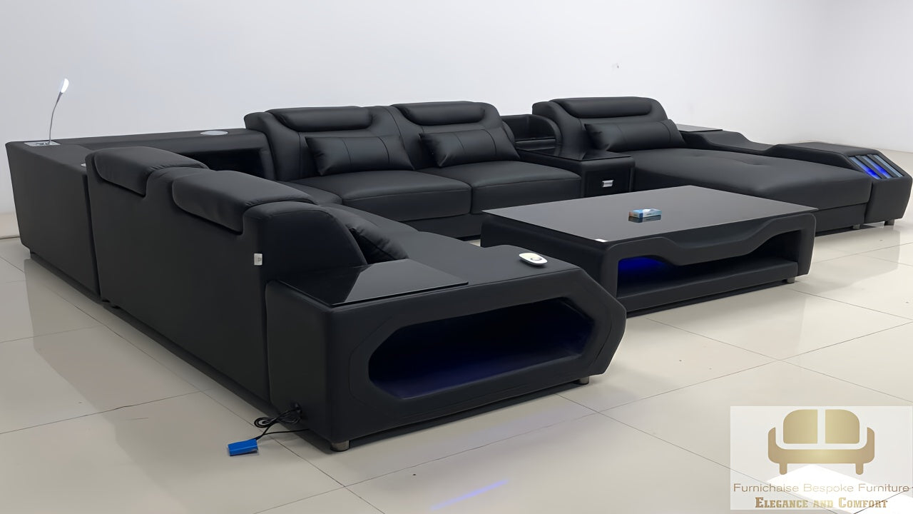 REAL LEATHER U SHAPED ƆDEHYIE_NOBLENEST - LEFT CHAISE FULL BLACK SECTIONAL SOFA - MODEL FB2207F AND WITH FREE MATCHING COFFEE TABLE AS IN ADVERTISED PICTURE