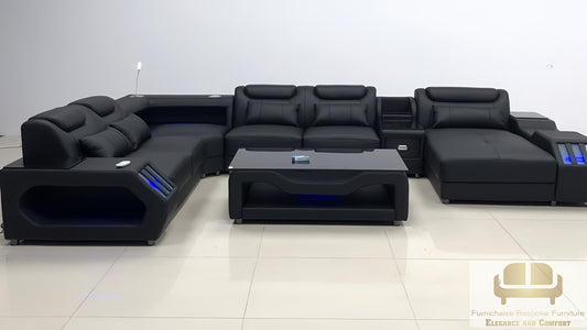 REAL LEATHER U SHAPED ƆDEHYIE_NOBLENEST - LEFT CHAISE FULL BLACK SECTIONAL SOFA - MODEL FB2207F AND WITH FREE MATCHING COFFEE TABLE AS IN ADVERTISED PICTURE