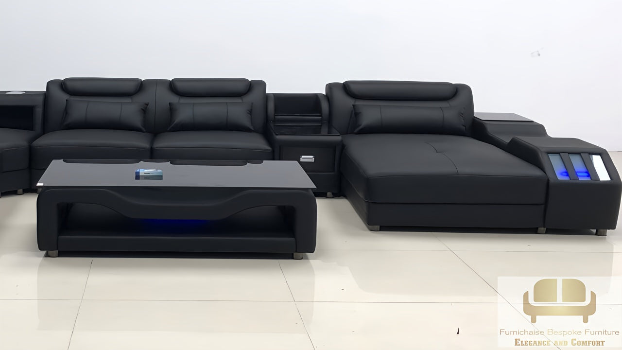 REAL LEATHER U SHAPED ƆDEHYIE_NOBLENEST - LEFT CHAISE FULL BLACK SECTIONAL SOFA - MODEL FB2207F AND WITH FREE MATCHING COFFEE TABLE AS IN ADVERTISED PICTURE