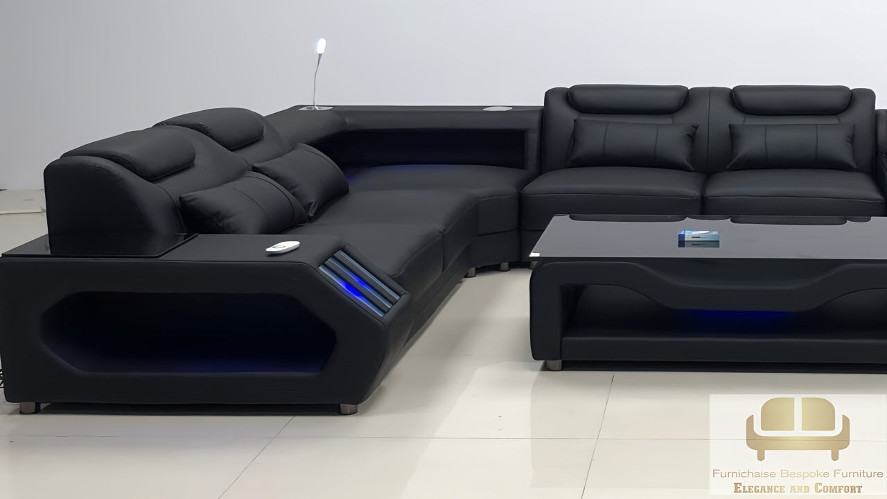 REAL LEATHER U SHAPED ƆDEHYIE_NOBLENEST - LEFT CHAISE FULL BLACK SECTIONAL SOFA - MODEL FB2207F AND WITH FREE MATCHING COFFEE TABLE AS IN ADVERTISED PICTURE