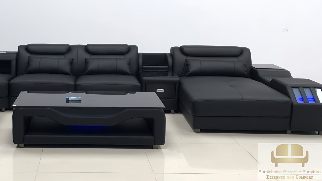 REAL LEATHER U SHAPED ƆDEHYIE_NOBLENEST - LEFT CHAISE FULL BLACK SECTIONAL SOFA - MODEL FB2207F AND WITH FREE MATCHING COFFEE TABLE AS IN ADVERTISED PICTURE