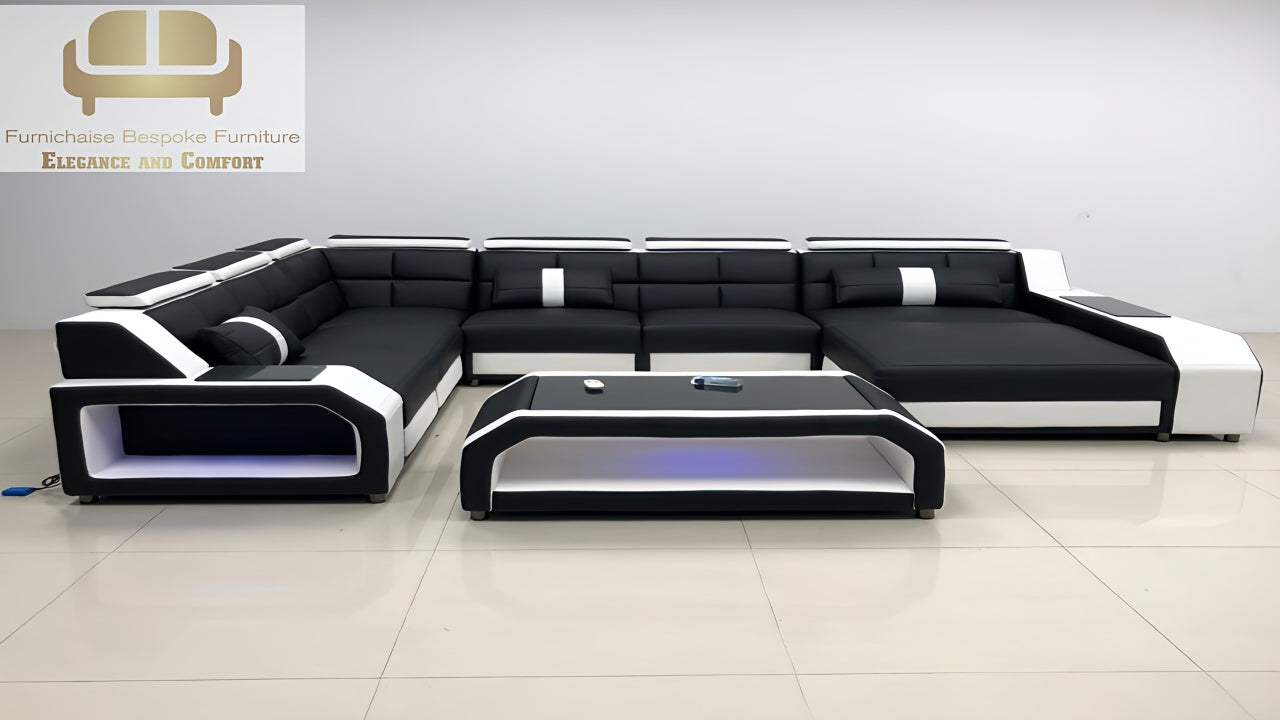 REAL LEATHER U SHAPED ASOMDWEE-LUXEHAVEN - LEFT CHAISE BLACK(MAIN) WITH WHITE SECTIONAL SOFA - MODEL FB3359F AND WITH FREE MATCHING COFFEE TABLE