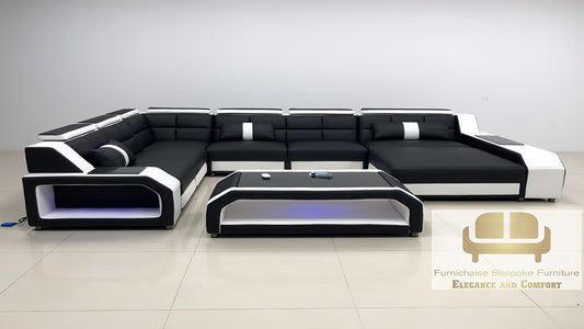 REAL LEATHER U SHAPED ASOMDWEE-LUXEHAVEN - LEFT CHAISE BLACK(MAIN) WITH WHITE SECTIONAL SOFA - MODEL FB3359F AND WITH FREE MATCHING COFFEE TABLE