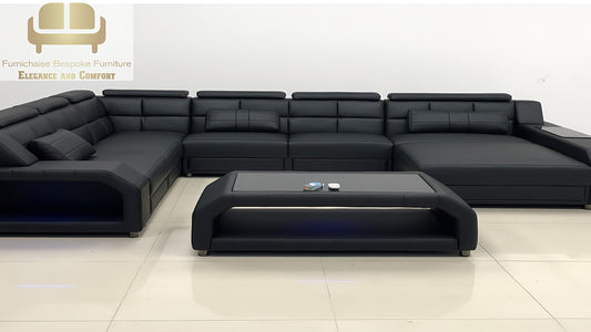 REAL LEATHER U SHAPED ASOMDWEE-LUXEHAVEN - LEFT CHAISE ALL BLACK SECTIONAL SOFA - MODEL FB3359F AND WITH FREE MATCHING COFFEE TABLE