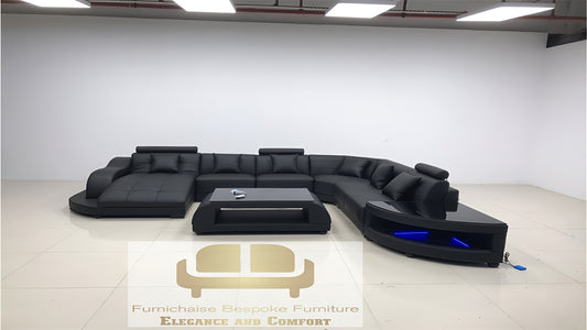 REAL LEATHER U SHAPED SANKOFA_ALTO ESTATE - RIGHT CHAISE ALL BLACK SECTIONAL SOFA - MODEL FB2217F AND WITH FREE MATCHING COFFEE TABLE AS SEEN IN ADVERTISED PICTURE