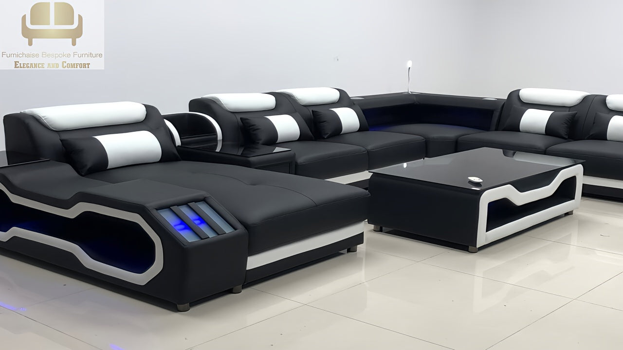 REAL LEATHER U SHAPED ƆDEHYIE_NOBLENEST - RIGHT CHAISE BLACK(MAIN) WITH WHITE SECTIONAL SOFA - MODEL FB2207F AND WITH FREE MATCHING COFFEE TABLE AS IN ADVERTISED PICTURE