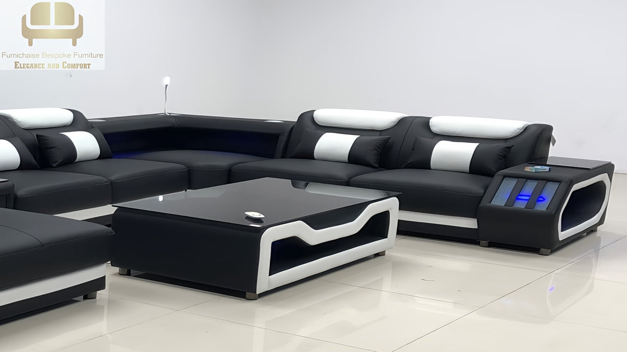 REAL LEATHER U SHAPED ƆDEHYIE_NOBLENEST - RIGHT CHAISE BLACK(MAIN) WITH WHITE SECTIONAL SOFA - MODEL FB2207F AND WITH FREE MATCHING COFFEE TABLE AS IN ADVERTISED PICTURE