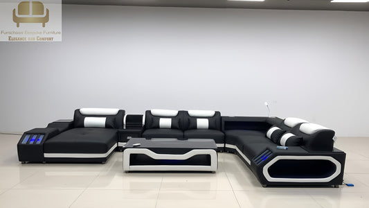 REAL LEATHER U SHAPED ƆDEHYIE_NOBLENEST - RIGHT CHAISE BLACK(MAIN) WITH WHITE SECTIONAL SOFA - MODEL FB2207F AND WITH FREE MATCHING COFFEE TABLE AS IN ADVERTISED PICTURE