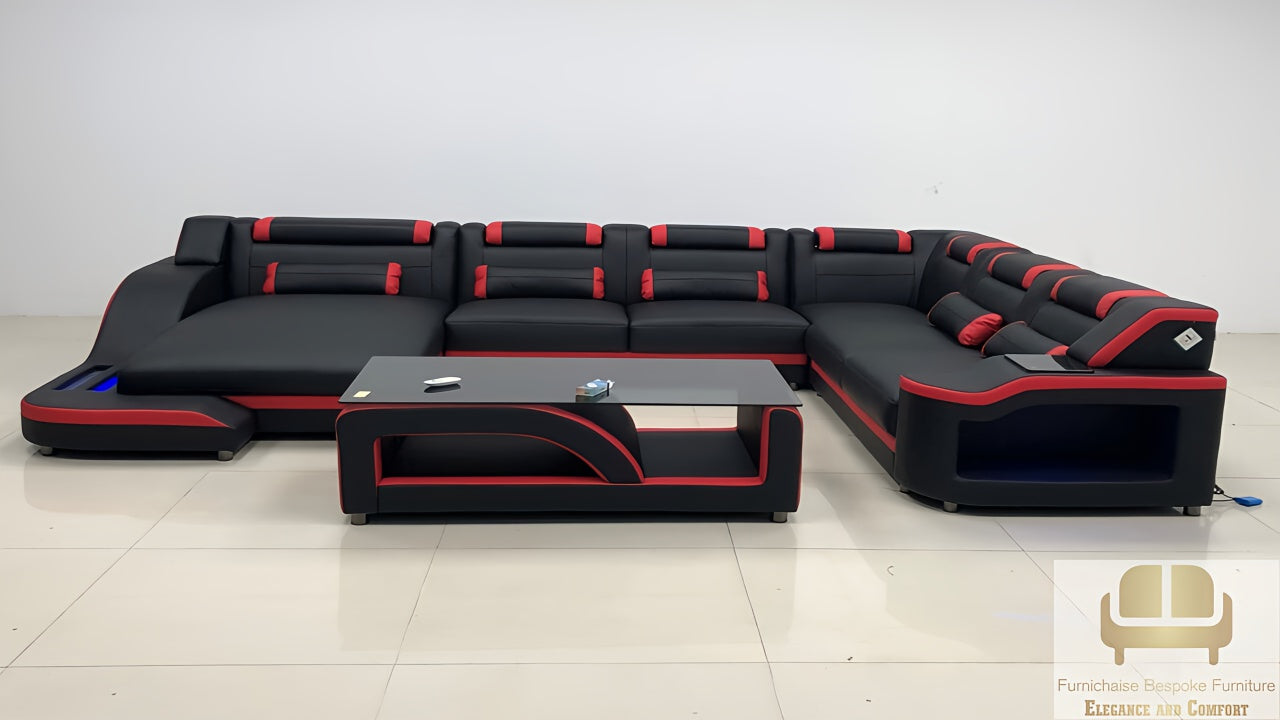 REAL LEATHER U SHAPED NEEF3_EMBER&ASH - RIGHT CHAISE BLACK WITH RED SECTIONAL SOFA - MODEL FB2226F AND WITH FREE MATCHING COFFEE TABLE