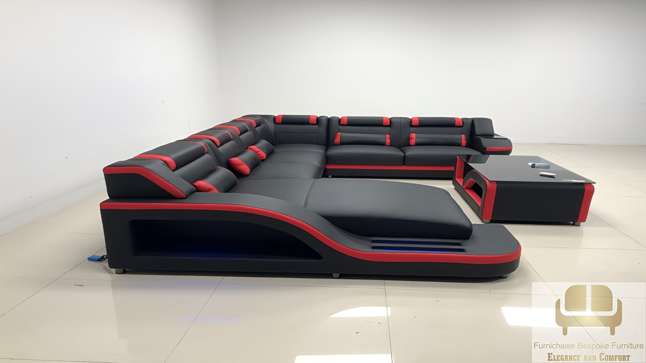 REAL LEATHER U SHAPED NEEF3_EMBER&ASH - RIGHT CHAISE BLACK WITH RED SECTIONAL SOFA - MODEL FB2226F AND WITH FREE MATCHING COFFEE TABLE