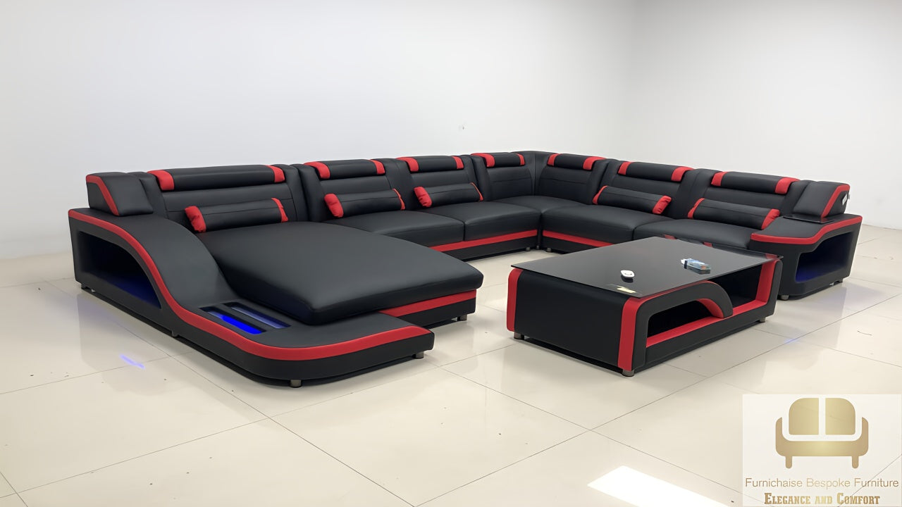 REAL LEATHER U SHAPED NEEF3_EMBER&ASH - RIGHT CHAISE BLACK WITH RED SECTIONAL SOFA - MODEL FB2226F AND WITH FREE MATCHING COFFEE TABLE