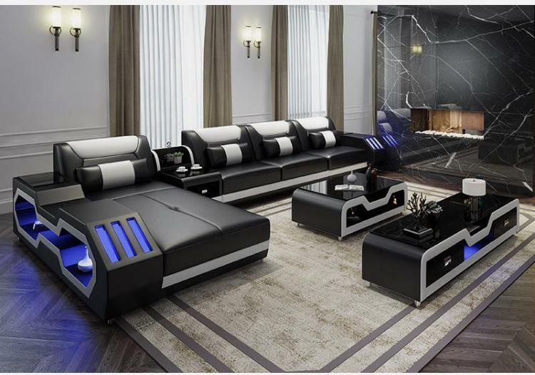 REAL LEATHER U SHAPED ƆDEHYIE_NOBLENEST - LEFT CHAISE FULL BLACK SECTIONAL SOFA - MODEL FB2207F AND WITH FREE MATCHING COFFEE TABLE AS IN ADVERTISED PICTURE