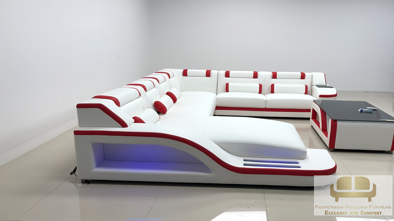 REAL LEATHER U SHAPED NEEF3_EMBER&ASH - RIGHT CHAISE WHITE (MAIN) WITH RED SECTIONAL SOFA - MODEL FB2226F AND WITH FREE MATCHING COFFEE TABLE AS SEEN IN ADVERTED PICTURE