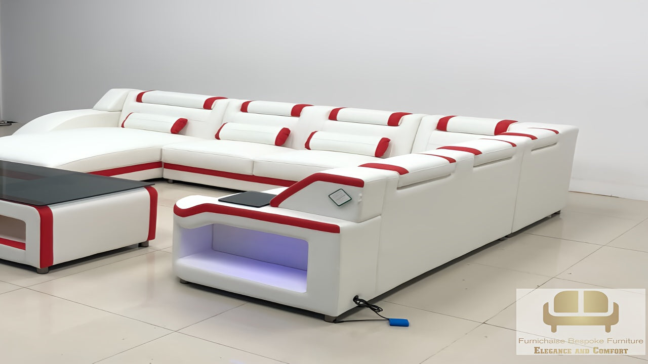 REAL LEATHER U SHAPED NEEF3_EMBER&ASH - RIGHT CHAISE WHITE (MAIN) WITH RED SECTIONAL SOFA - MODEL FB2226F AND WITH FREE MATCHING COFFEE TABLE AS SEEN IN ADVERTED PICTURE