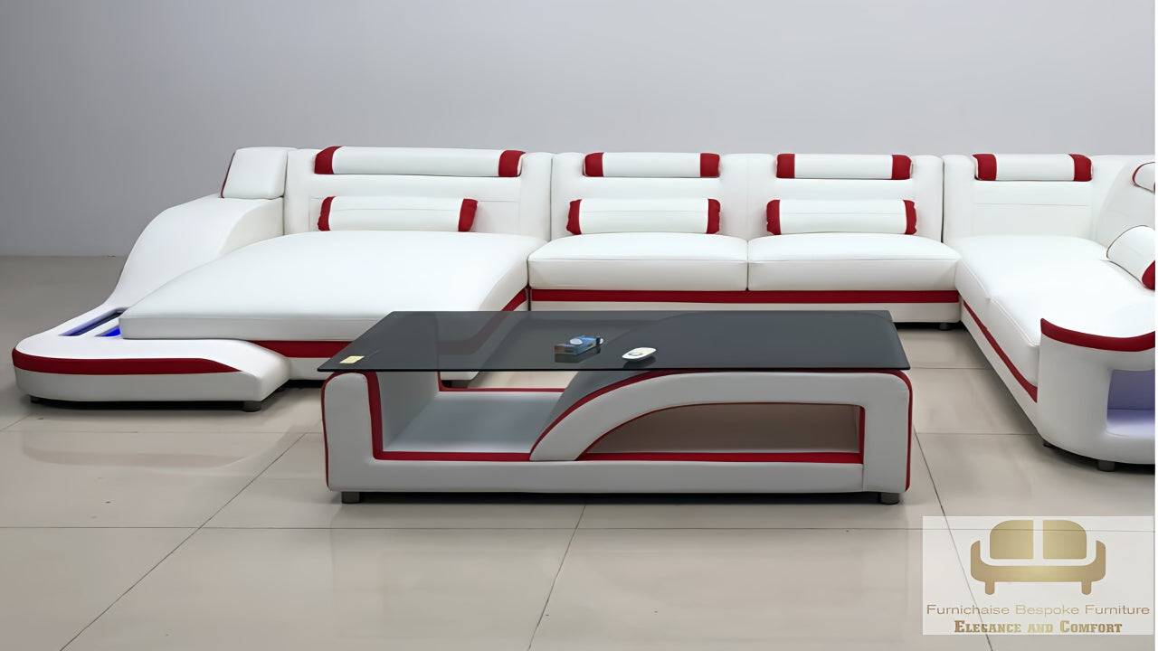 REAL LEATHER U SHAPED NEEF3_EMBER&ASH - RIGHT CHAISE WHITE (MAIN) WITH RED SECTIONAL SOFA - MODEL FB2226F AND WITH FREE MATCHING COFFEE TABLE AS SEEN IN ADVERTED PICTURE