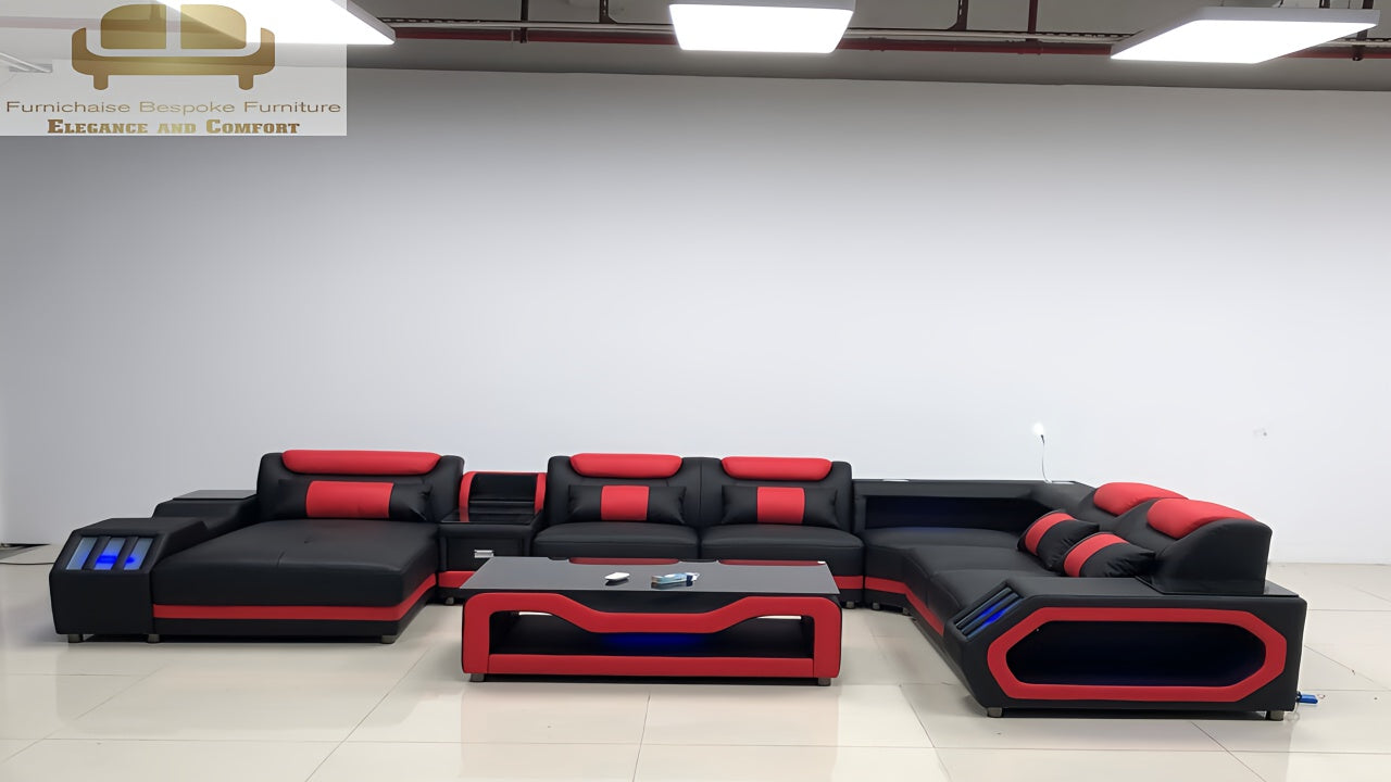 REAL LEATHER U SHAPED ƆDEHYIE_NOBLENEST - RIGHT CHAISE BLACK(MAIN) WITH RED SECTIONAL SOFA - MODEL FB2207F AND WITH FREE MATCHING COFFEE TABLE AS IN ADVERTISED PICTURE