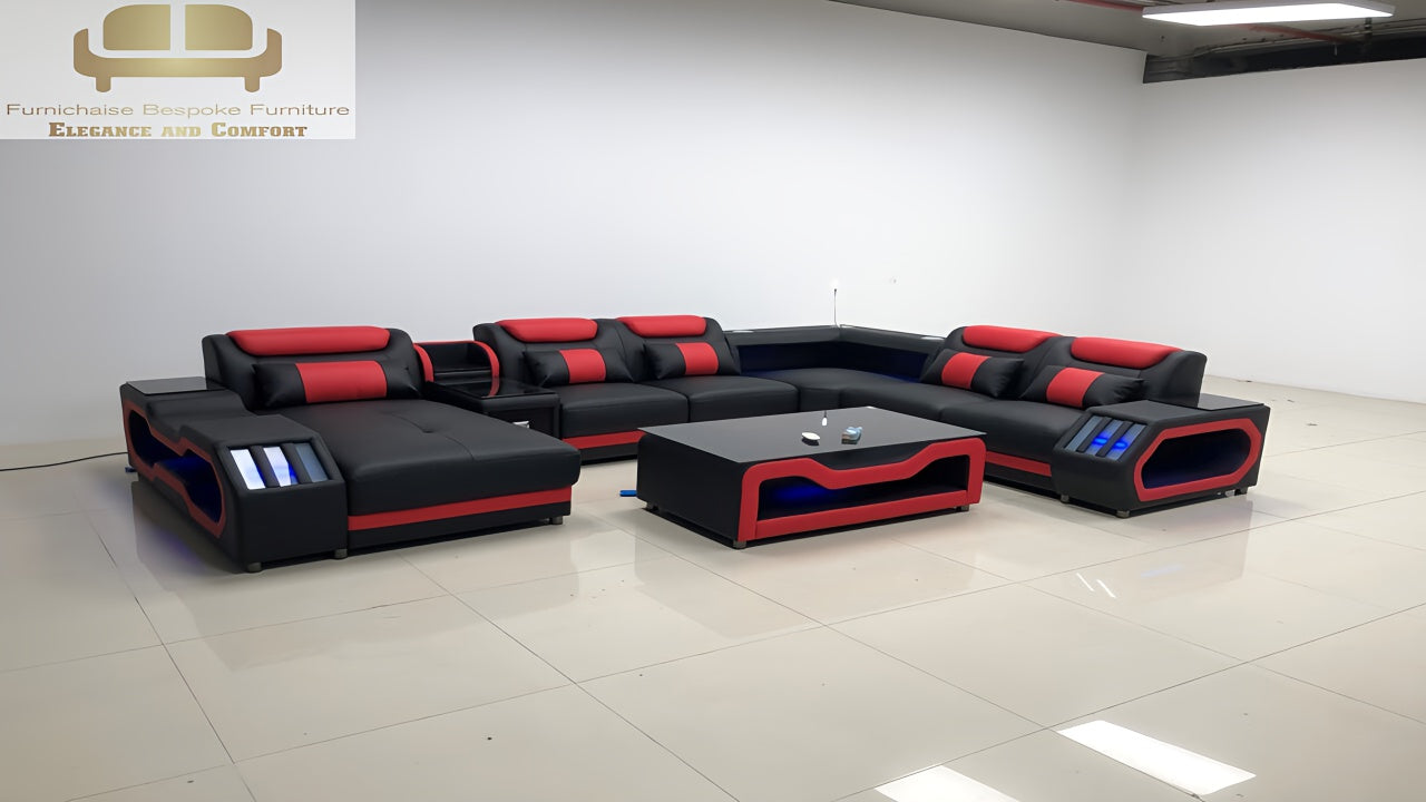 REAL LEATHER U SHAPED ƆDEHYIE_NOBLENEST - RIGHT CHAISE BLACK(MAIN) WITH RED SECTIONAL SOFA - MODEL FB2207F AND WITH FREE MATCHING COFFEE TABLE AS IN ADVERTISED PICTURE