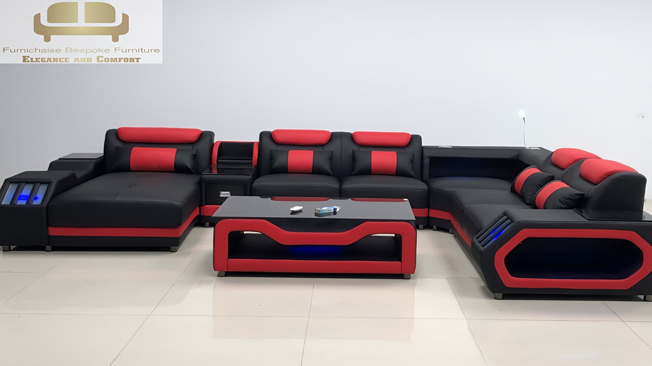 REAL LEATHER U SHAPED ƆDEHYIE_NOBLENEST - RIGHT CHAISE BLACK(MAIN) WITH RED SECTIONAL SOFA - MODEL FB2207F AND WITH FREE MATCHING COFFEE TABLE AS IN ADVERTISED PICTURE