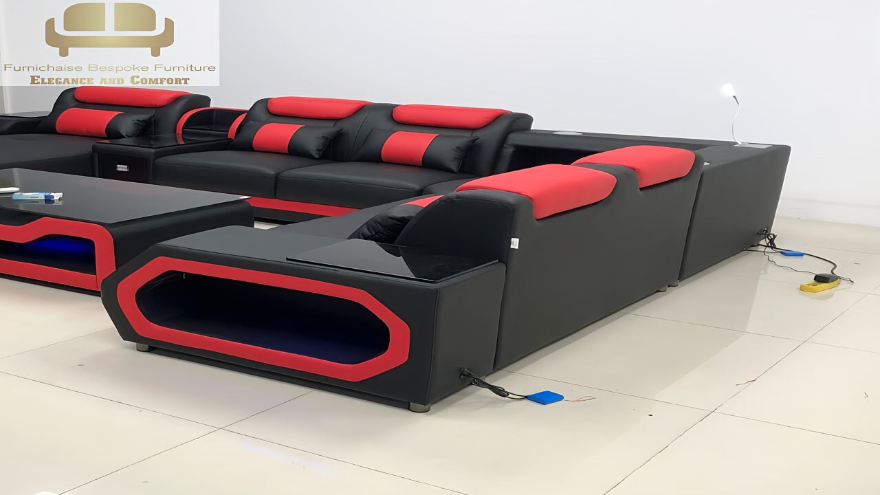 REAL LEATHER U SHAPED ƆDEHYIE_NOBLENEST - RIGHT CHAISE BLACK(MAIN) WITH RED SECTIONAL SOFA - MODEL FB2207F AND WITH FREE MATCHING COFFEE TABLE AS IN ADVERTISED PICTURE