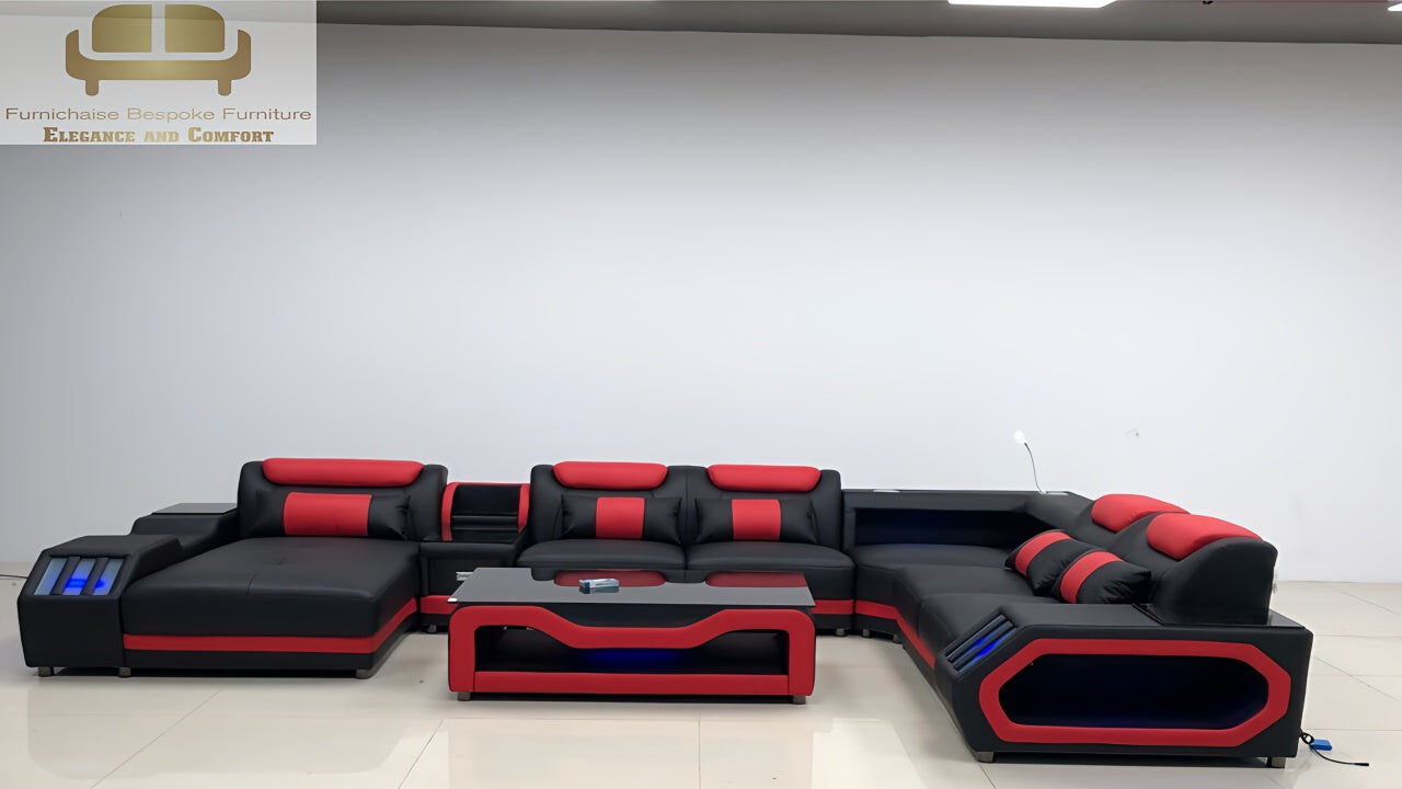 REAL LEATHER U SHAPED ƆDEHYIE_NOBLENEST - RIGHT CHAISE BLACK(MAIN) WITH RED SECTIONAL SOFA - MODEL FB2207F AND WITH FREE MATCHING COFFEE TABLE AS IN ADVERTISED PICTURE