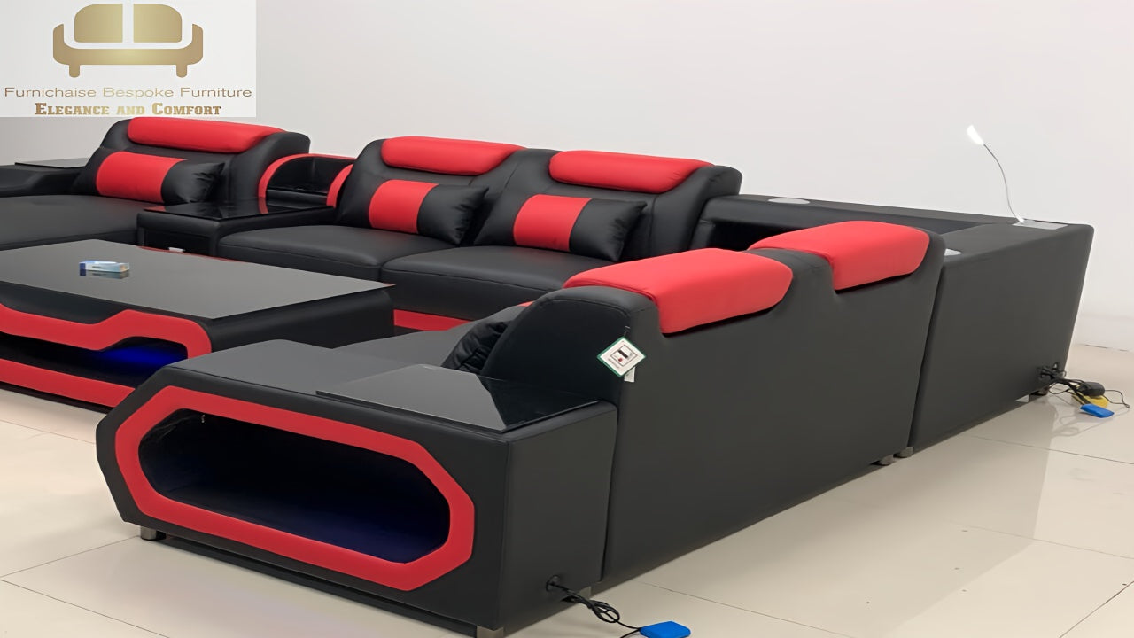 REAL LEATHER U SHAPED ƆDEHYIE_NOBLENEST - RIGHT CHAISE BLACK(MAIN) WITH RED SECTIONAL SOFA - MODEL FB2207F AND WITH FREE MATCHING COFFEE TABLE AS IN ADVERTISED PICTURE