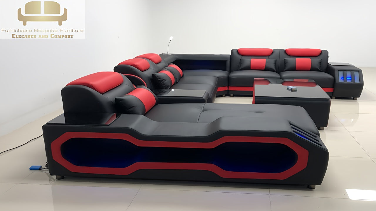 REAL LEATHER U SHAPED ƆDEHYIE_NOBLENEST - RIGHT CHAISE BLACK(MAIN) WITH RED SECTIONAL SOFA - MODEL FB2207F AND WITH FREE MATCHING COFFEE TABLE AS IN ADVERTISED PICTURE