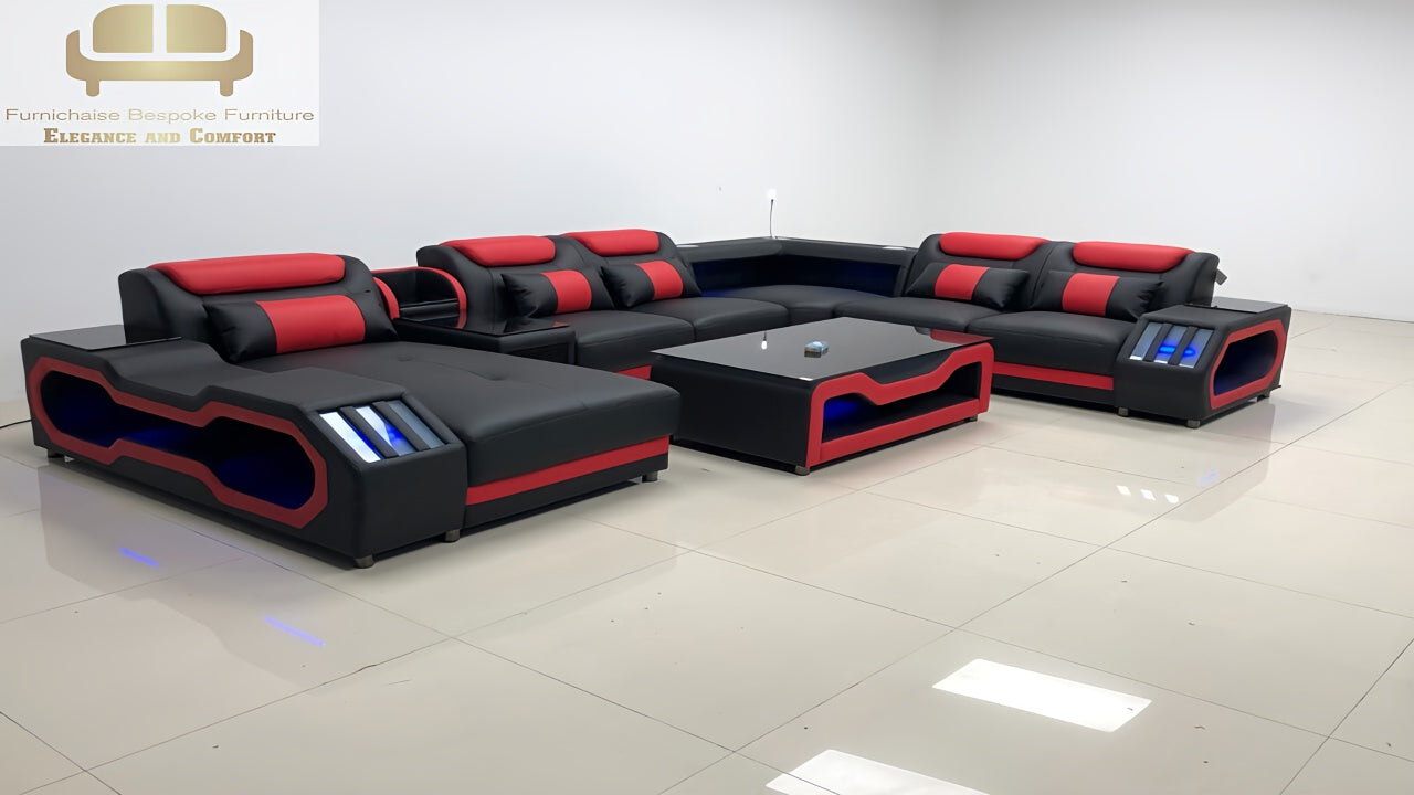 REAL LEATHER U SHAPED ƆDEHYIE_NOBLENEST - RIGHT CHAISE BLACK(MAIN) WITH RED SECTIONAL SOFA - MODEL FB2207F AND WITH FREE MATCHING COFFEE TABLE AS IN ADVERTISED PICTURE