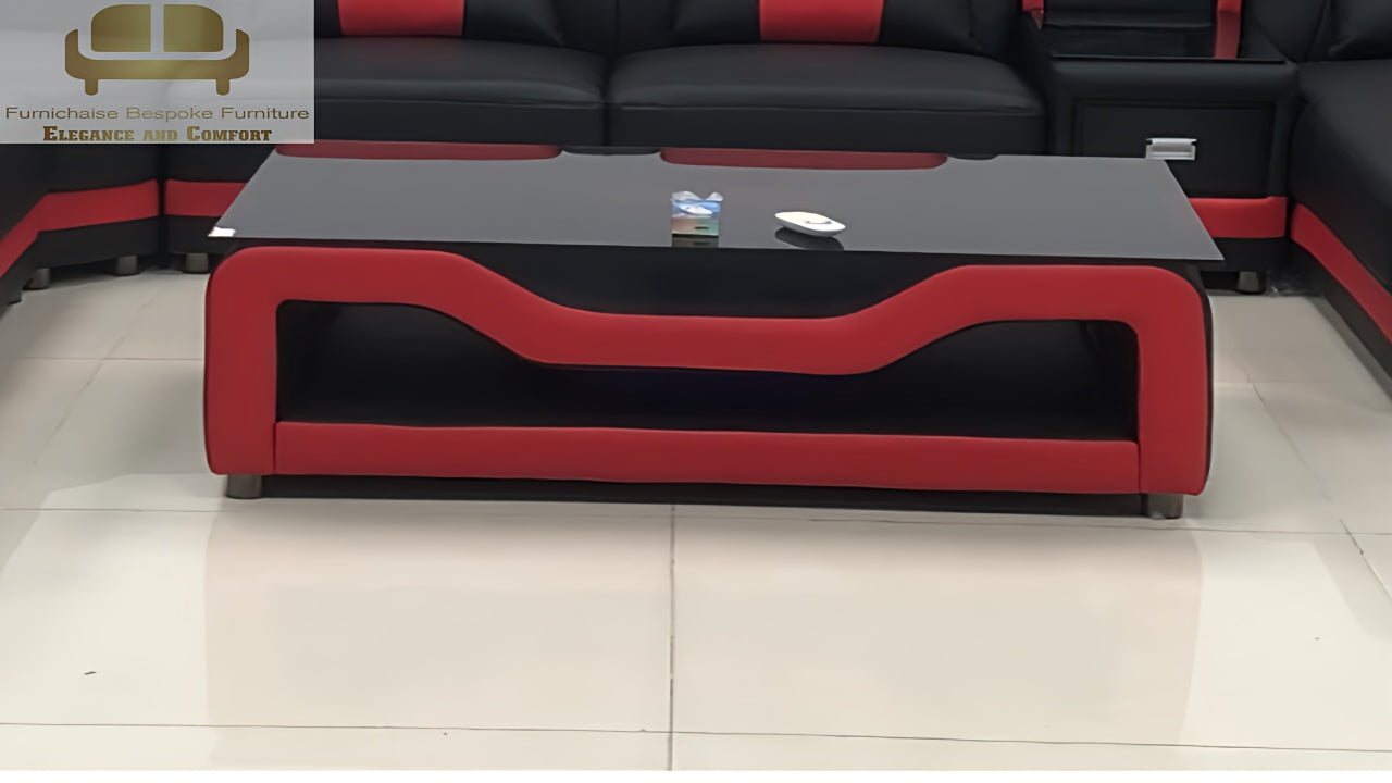 REAL LEATHER U SHAPED ƆDEHYIE_NOBLENEST - RIGHT CHAISE BLACK(MAIN) WITH RED SECTIONAL SOFA - MODEL FB2207F AND WITH FREE MATCHING COFFEE TABLE AS IN ADVERTISED PICTURE