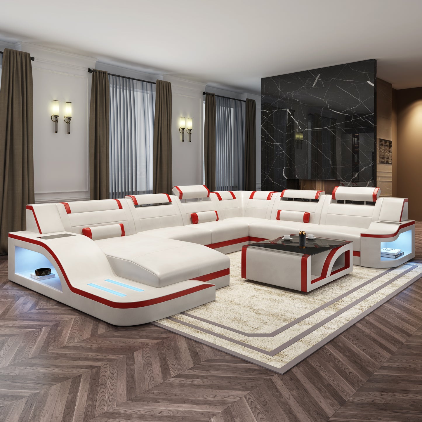 REAL LEATHER U SHAPED NEEF3_EMBER&ASH - RIGHT CHAISE WHITE (MAIN) WITH RED SECTIONAL SOFA - MODEL FB2226F AND WITH FREE MATCHING COFFEE TABLE AS SEEN IN ADVERTED PICTURE